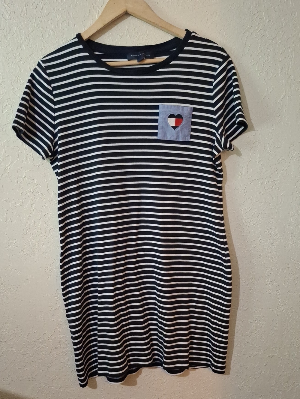 Tommy Hilfiger Black and White Striped Midi Dress with Heart Patch